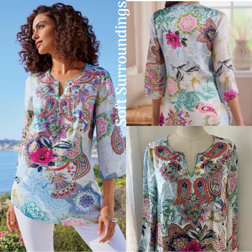 Soft Surroundings Beaded Floral Paisley Women's Top